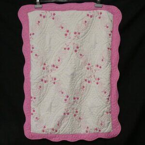 Set Of 2 Vintage Pink and White Floral Embroidered Pillow Covers & Blanket